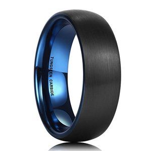 Men's Tungsten Wedding Band 7mm. Black Matte Finish w/ Inside Blue Tungsten Ring